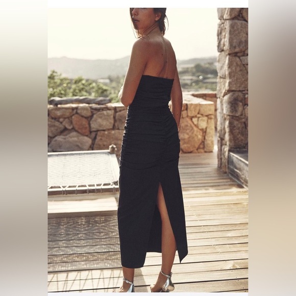 Zara Strapless Ruched Midi Dress - Black Size XS - Picture 2 of 7